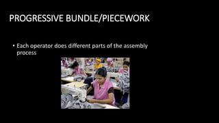 PROGRESSIVE BUNDLE/PIECEWORK
• Each operator does different parts of the assembly
process
 