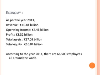 ECONOMY :
As per the year 2013,
Revenue : €16.81 billion
Operating Income: €4.46 billion
Profit : €3.32 billion
Total assets : €27.09 billion
Total equity : €16.04 billion
According to the year 2014, there are 66,500 employees
all around the world.
 
