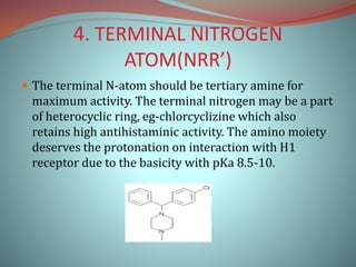 4. TERMINAL NITROGEN
ATOM(NRR’)
 The terminal N-atom should be tertiary amine for
maximum activity. The terminal nitrogen may be a part
of heterocyclic ring, eg-chlorcyclizine which also
retains high antihistaminic activity. The amino moiety
deserves the protonation on interaction with H1
receptor due to the basicity with pKa 8.5-10.
 
