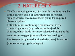 2. NATURE OF X
• The X-connecting moiety of H1-antihistamines may be
simple carbon chain or saturated carbon-oxygen
moiety, which serves as a spacer group for required
pharmacophore.
Antihistamines containing a carbon atom in the
connecting moiety (e.g:carbinoxamine) exhibit
chirality, which leads to stereo-selective binding at the
receptor. X= oxygen (amino alkyl ether analogue),
X=nitrogen (ethylene-diamine derivatives),X= carbon
(mono amino propyl analogue).
 