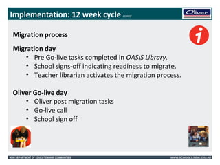 Implementation: 12 week cycle contd 
Migration process 
Migration day 
• Pre Go-live tasks completed in OASIS Library. 
• School signs-off indicating readiness to migrate. 
• Teacher librarian activates the migration process. 
Oliver Go-live day 
• Oliver post migration tasks 
• Go-live call 
• School sign off 
NSW DEPARTMENT OF EDUCATION AND COMMUNITIES WWW.SCHOOLS.NSW.EDU.AU 
 