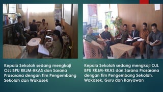 Kepala Sekolah sedang mengkaji
OJL BPU RKJM-RKAS dan Sarana
Prasarana dengan Tim Pengembang
Sekolah dan Wakasek
Kepala Sekolah sedang mengkaji OJL
BPU RKJM-RKAS dan Sarana Prasarana
dengan Tim Pengembang Sekolah,
Wakasek, Guru dan Karyawan
 