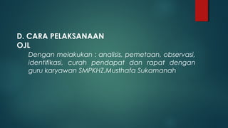 D. CARA PELAKSANAAN
OJL
Dengan melakukan : analisis, pemetaan, observasi,
identifikasi, curah pendapat dan rapat dengan
guru karyawan SMPKHZ.Musthafa Sukamanah
 