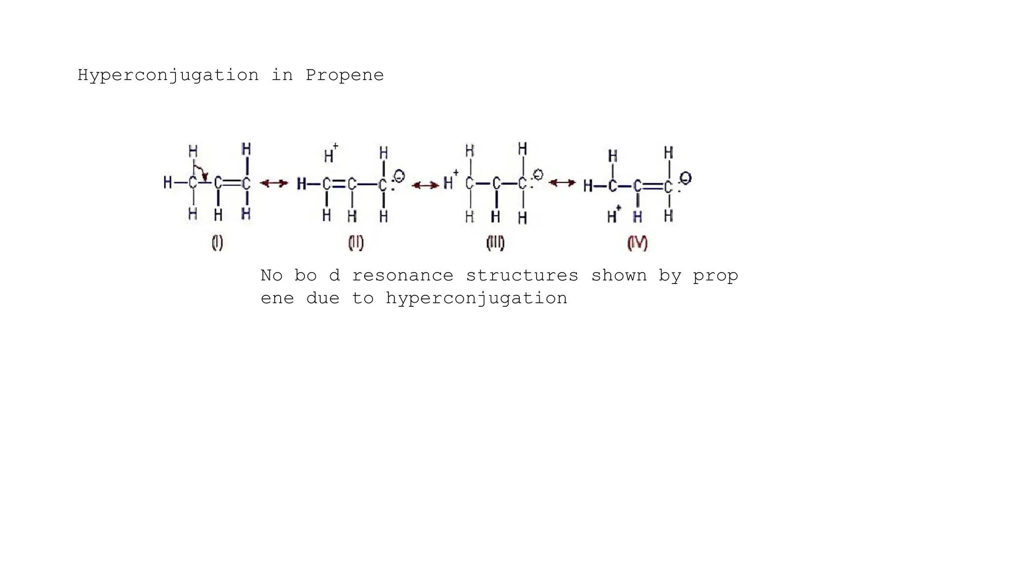Hyperconjugation in Propene
No bo d resonance structures shown by prop
ene due to hyperconjugation
 