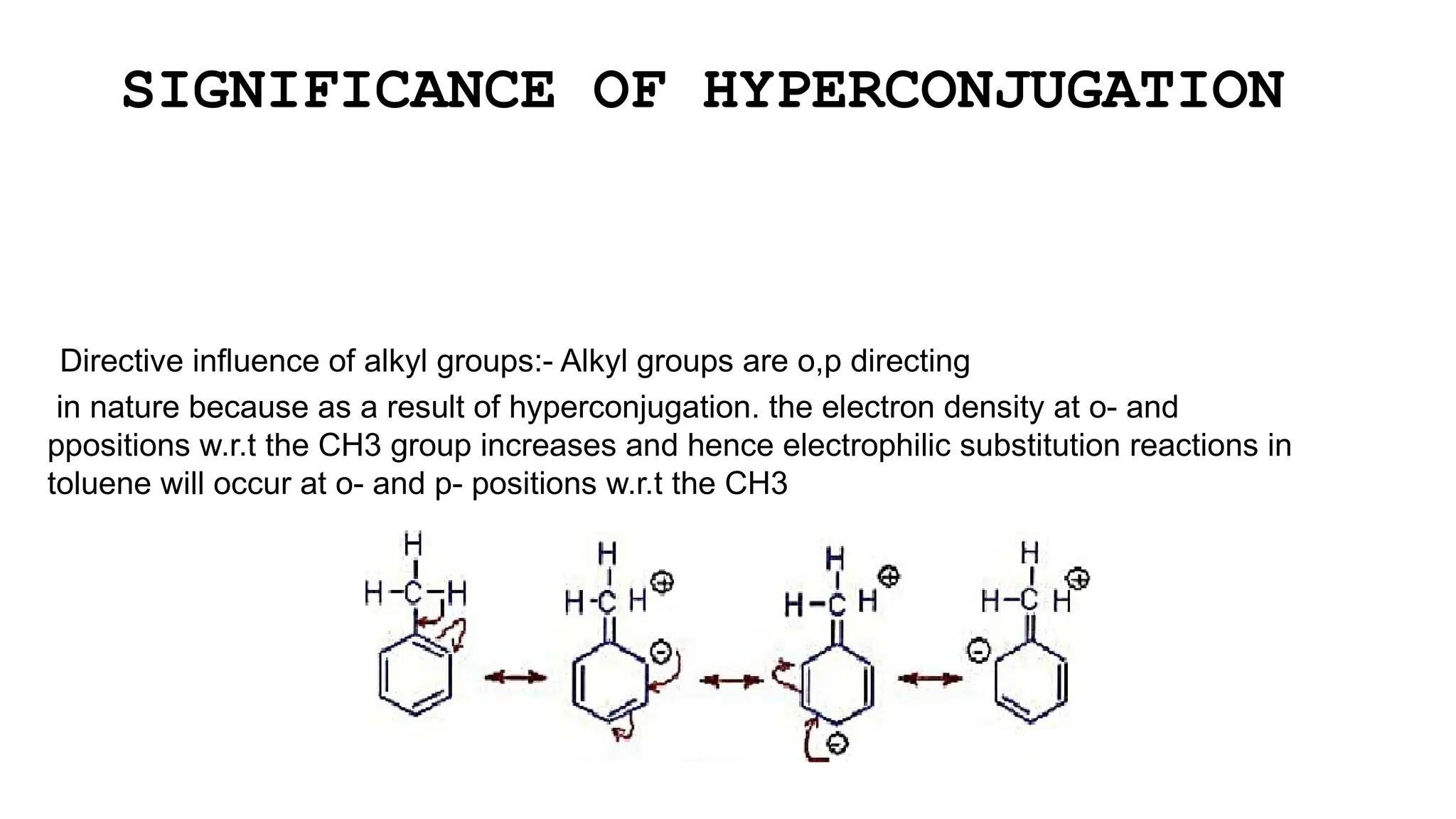 SIGNIFICANCE OF HYPERCONJUGATION
Directive influence of alkyl groups:- Alkyl groups are o,p directing
in nature because as a result of hyperconjugation. the electron density at o- and
ppositions w.r.t the CH3 group increases and hence electrophilic substitution reactions in
toluene will occur at o- and p- positions w.r.t the CH3
 