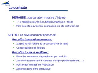 Le contexte DEMANDE : appropriation massive   d’Internet  7,15 milliards d’euros de Chiffre d’Affaires en France 90% des internautes font confiance à un site institutionnel OFFRE :  en développement permanent Une offre internationale dense: Augmentation féroce de la concurrence en ligne Concentration des acteurs  Une offre locale à améliorer: Des sites nombreux, disparates et peu traduits Absence d’acquisition d’audience en ligne (référencement, …) Possibilités limitées de réservation Absence d’une offre exhaustive 