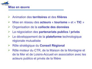 Mise en œuvre Animation des  territoires  et des  filières Mise en réseau des  acteurs  «  tourisme  »   et «  TIC  »  Organisation de la  collecte des données La négociation des  partenariats publics / privés Le développement de la  plateforme  technologique régionale mutualisée Rôle stratégique du  Conseil Régional Rôle moteur du CTR, de la Maison de la Montagne et de la Mer et de Loisirs-Accueil en association avec les acteurs publics et privés de la filière 