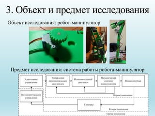 3. Объект и предмет исследования
Предмет исследования: система работы робота-манипулятор
Объект исследования: робот-манипу...