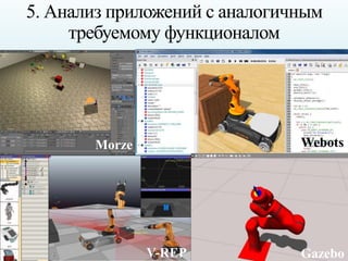 5. Анализ приложений с аналогичным
требуемому функционалом
GazeboV-REP
WebotsMorze
 