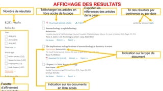 AFFICHAGE DES RESULTATS
Nombre de résultats
Facette
d’affinement
Tri des résultats par
pertinence ou par date
Télécharger les articles en
libre accès de la page
Exporter les
références des articles
de la page
Indication sur le type de
document
Indication sur les documents
en libre accès
 
