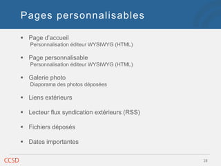Pages personnalisables
 Page d’accueil
Personnalisation éditeur WYSIWYG (HTML)
 Page personnalisable
Personnalisation éd...