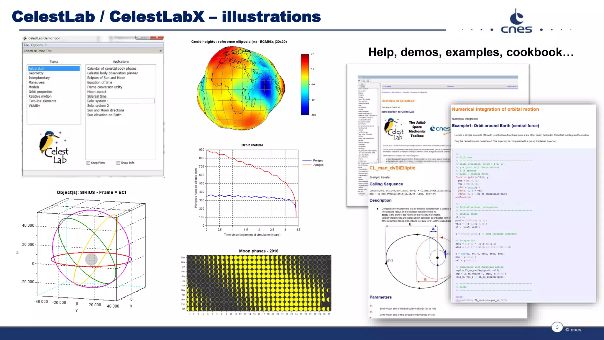 CelestLab / CelestLabX – illustrations
3
Help, demos, examples, cookbook…
 