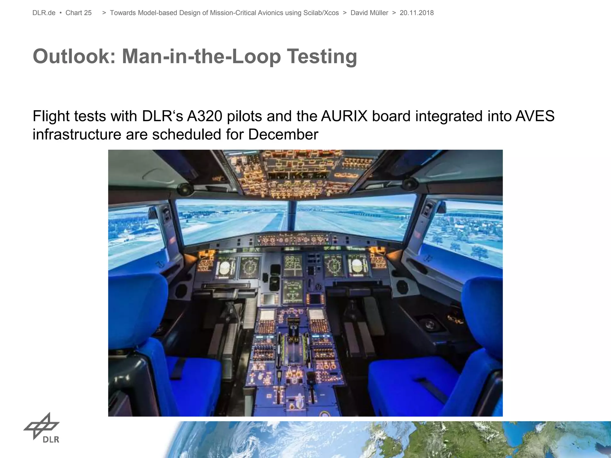 Flight tests with DLR‘s A320 pilots and the AURIX board integrated into AVES
infrastructure are scheduled for December
Outlook: Man-in-the-Loop Testing
> Towards Model-based Design of Mission-Critical Avionics using Scilab/Xcos > David Müller > 20.11.2018DLR.de • Chart 25
 