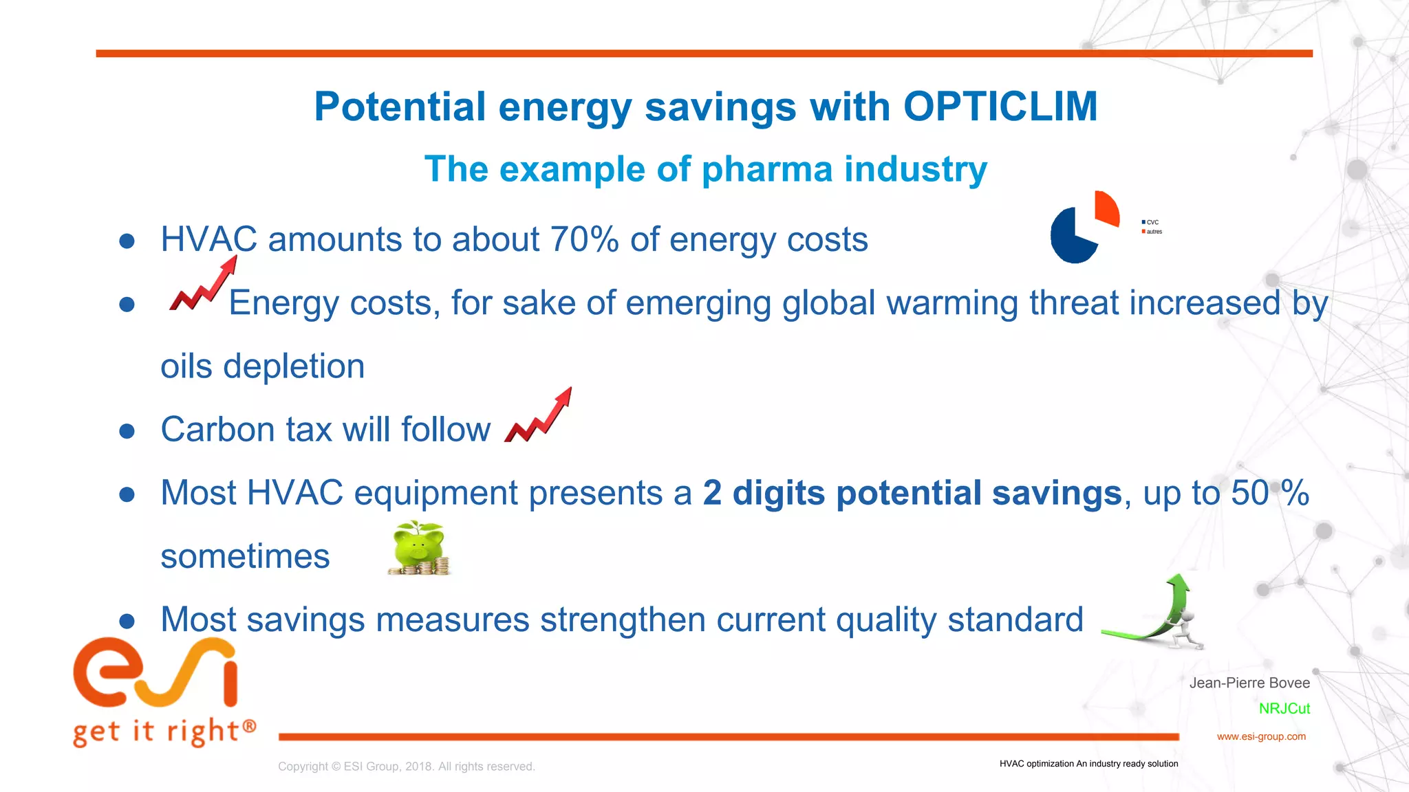 8www.esi-group.com
Copyright © ESI Group, 2018. All rights reserved.Copyright © ESI Group, 2018. All rights reserved.
www.esi-group.com
Potential energy savings with OPTICLIM
The example of pharma industry
Jean-Pierre Bovee
NRJCut
HVAC optimization An industry ready solution
● HVAC amounts to about 70% of energy costs
● Energy costs, for sake of emerging global warming threat increased by
oils depletion
● Carbon tax will follow
● Most HVAC equipment presents a 2 digits potential savings, up to 50 %
sometimes
● Most savings measures strengthen current quality standard
 