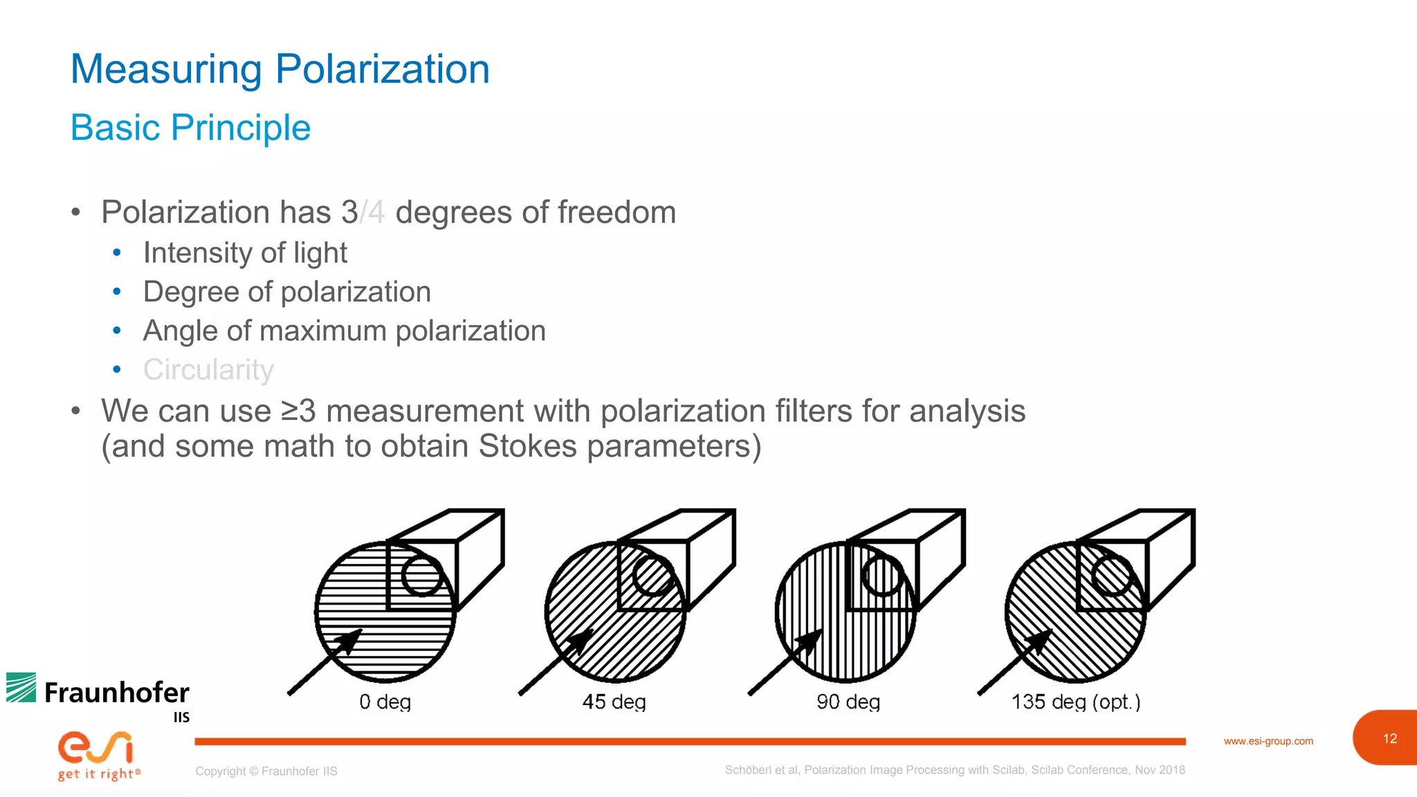 12www.esi-group.com
Copyright © Fraunhofer IIS
Basic Principle
Measuring Polarization
• Polarization has 3/4 degrees of freedom
• Intensity of light
• Degree of polarization
• Angle of maximum polarization
• Circularity
• We can use ≥3 measurement with polarization filters for analysis
(and some math to obtain Stokes parameters)
Schöberl et al, Polarization Image Processing with Scilab, Scilab Conference, Nov 2018
 