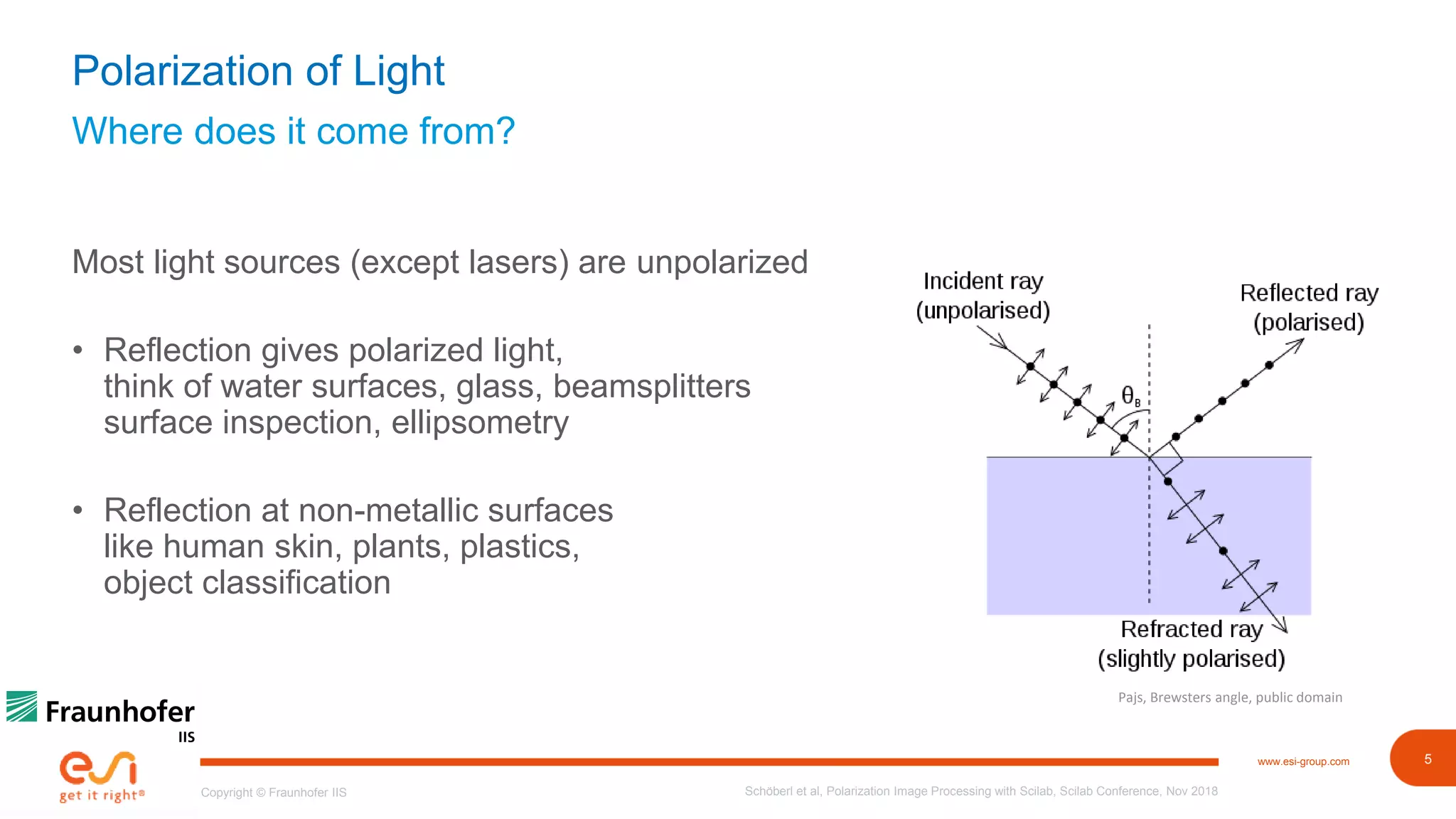 5www.esi-group.com
Copyright © Fraunhofer IIS
Where does it come from?
Polarization of Light
Most light sources (except lasers) are unpolarized
• Reflection gives polarized light,
think of water surfaces, glass, beamsplitters
surface inspection, ellipsometry
• Reflection at non-metallic surfaces
like human skin, plants, plastics,
object classification
Schöberl et al, Polarization Image Processing with Scilab, Scilab Conference, Nov 2018
Pajs, Brewsters angle, public domain
 
