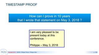 Copyright 2018 – SICPA - Philippe Thevoz / Philippe Gillet p. 105
TIMESTAMP PROOF
I am very pleased to be
present today at this
conference.
Philippe – May 3, 2018
How can I prove in 10 years
that I wrote that statement on May 3, 2018 ?
 