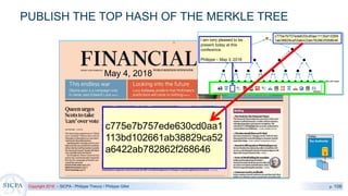 Copyright 2018 – SICPA - Philippe Thevoz / Philippe Gillet p. 108
PUBLISH THE TOP HASH OF THE MERKLE TREE
c775e7b757ede630cd0aa1
113bd102661ab38829ca52
a6422ab782862f268646
May 4, 2018
 