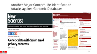 Another Major Concern: Re-identification
Attacks against Genomic Databases
23
 