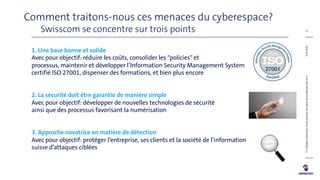 Comment traitons-nous ces menaces du cyberespace?
Swisscom se concentre sur trois points
1. Une base bonne et solide
Avec pour objectif: réduire les coûts, consolider les "policies" et
processus, maintenir et développer l’Information Security Management System
certifié ISO 27001, dispenser des formations, et bien plus encore
2. La sécurité doit être garantie de manière simple
Avec pour objectif: développer de nouvelles technologies de sécurité
ainsi que des processus favorisant la numérisation
3. Approche novatrice en matière de détection
Avec pour objectif: protéger l’entreprise, ses clients et la société de l’information
suisse d’attaques ciblées
9.10.2018C1,PhilippeVuilleumier,GroupSecurity,Lesenjeuxdelacybersécurité,V1.0
51
 