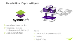 Sécurisation d’apps critiques
w Apps internes ou de tiers
w Couche de sécurité
indépendante de l’appareil
w Applications fintech
Histoire:
w Spin-off HEIG-VD / Fondation: 2010
w FIT seed
w Basée à Y-Parc
 