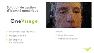 Solution de gestion
d’identité numérique
w Reconnaissance faciale 3D
w Multiplateforme
w 3D Graphical
Authentication
Histoire:
w Basée à Lausanne
w Prêt FIT growth (2018)
 