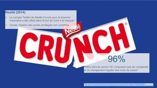 85
Nestlé (2014)
● Le compte Twitter de Nestlé Crunch pour la branche
mexicaine a été utilisé dans le but de nuire à la marque1.
● Cause: Gestion des accès privilégiés non contrôlée.
96%
PMEs dans le canton VD n’imposent pas de complexité
et de changement régulier des mots de passe2.
1 https://www.20min.ch/ro/news/monde/story/Etudiants-massacres--la-blague-douteuse-de-Nestle-14085746?httpredirect
2 https://www.cvci.ch/fileadmin/documents/cvci.ch/pdf/Medias/publications/divers/12315_ENQUETE_CYBERSECURITE_PROD_PP.pdf
 