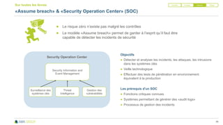 Security Operation Center
86
Sur toutes les lèvres
«Assume breach» & «Security Operation Center» (SOC)
Security Information and
Event Management
Threat
Intelligence
Gestion des
vulnérabilités
Surveillance des
systèmes clés
● Le risque zéro n’existe pas malgré les contrôles
● Le modèle «Assume breach» permet de garder à l’esprit qu’il faut être
capable de détecter les incidents de sécurité
Objectifs
● Détecter et analyser les incidents, les attaques, les intrusions
dans les systèmes clés
● Veille technologique
● Effectuer des tests de pénétration en environnement
équivalent à la production
Les prérequis d'un SOC
● Fonctions critiques connues
● Systèmes permettant de générer des «audit logs»
● Processus de gestion des incidents
Identifier Protéger Détecter Réagir
 
