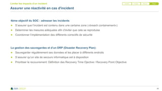 Limiter les impacts d’un incident
88
Assurer une réactivité en cas d'incident
4ème objectif du SOC : adresser les incidents
● S’assurer que l’incident est contenu dans une certaine zone («breach containement»)
● Determiner les mesures adéquates afin d’éviter que cela se reproduise
● Coordonner l’implémentation des différents correctifs de sécurité
La gestion des sauvegardes et d’un DRP (Disaster Recovery Plan):
● Sauvegarder régulièrement ses données et les placer à différents endroits
● S’assurer qu’un site de secours informatique est à disposition
● Prioritiser le recouvrement: Définition des Recovery Time Ojective / Recovery Point Objective
Identifier Protéger Détecter Réagir
 