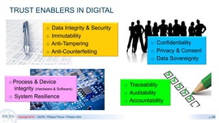 Copyright 2018 – SICPA - Philippe Thevoz / Philippe Gillet p. 98
TRUST ENABLERS IN DIGITAL
oProcess & Device
integrity (Hardware & Software)
o System Resilience
o Data Integrity & Security
o Immutability
o Anti-Tampering
o Anti-Counterfeiting
o Traceability
o Auditability
o Accountability
o Confidentiality
o Privacy & Consent
o Data Sovereignty
 