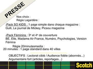 Nos choix :
         Régie Lagardère :
 -Pack  SO KIDS : 1 page simple dans chaque magazine :
 Gulli, Le journal de Mickey, Picsou magazine

 -Pack Féminins : 3e et 4e de couverture
 BE, Elle, Madame Air France, Numéro, Psychologies, Version
 Fémina
      Régie 20minutesmedia :
20 minutes : 1 page standard dans 40 villes

   OBJECTIFS : Lectorat ciblé / Audience fidèle (abonnés...)
   Argumentaire fort (articles, reportages...)
 