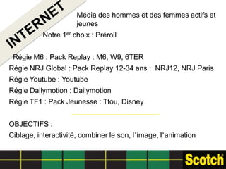 Média des hommes et des femmes actifs et
                      jeunes
           Notre 1er choix : Préroll


 Régie M6 : Pack Replay : M6, W9, 6TER
Régie NRJ Global : Pack Replay 12-34 ans : NRJ12, NRJ Paris
Régie Youtube : Youtube
Régie Dailymotion : Dailymotion
Régie TF1 : Pack Jeunesse : Tfou, Disney


OBJECTIFS :
Ciblage, interactivité, combiner le son, l’image, l’animation
 