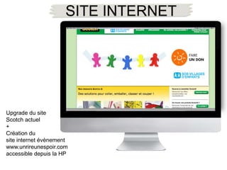 SITE INTERNET




Upgrade du site
Scotch actuel
+
Création du
site internet évènement
www.unrireunespoir.com
accessible depuis la HP
 