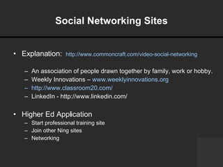 Social Networking Sites Explanation:  http://www.commoncraft.com/video-social-networking An association of people drawn together by family, work or hobby.  Weekly Innovations –  www.weeklyinnovations.org http://www.classroom20.com/   LinkedIn - http://www.linkedin.com/ Higher Ed Application Start professional training site Join other Ning sites Networking 