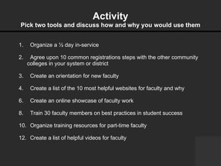 Activity Pick two tools and discuss how and why you would use them Organize a ½ day in-service Agree upon 10 common registrations steps with the other community colleges in your system or district  Create an orientation for new faculty Create a list of the 10 most helpful websites for faculty and why Create an online showcase of faculty work Train 30 faculty members on best practices in student success Organize training resources for part-time faculty  Create a list of helpful videos for faculty 