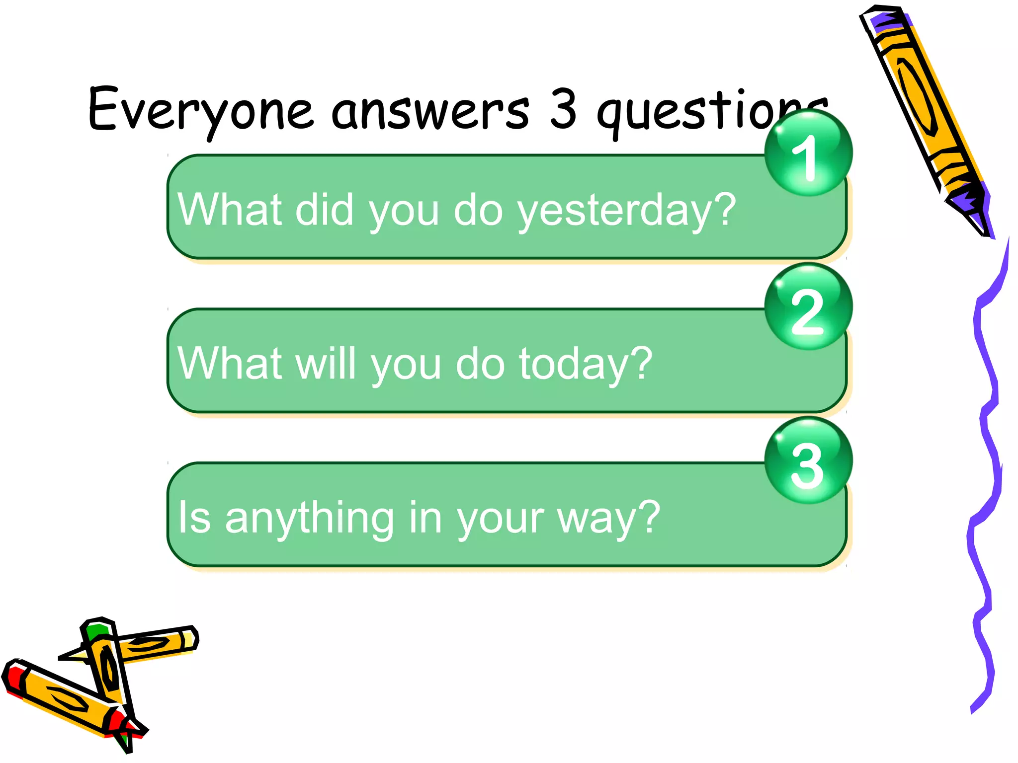 Everyone answers 3 questions
What did you do yesterday?What did you do yesterday?
1
What will you do today?What will you do today?
2
Is anything in your way?Is anything in your way?
3
 