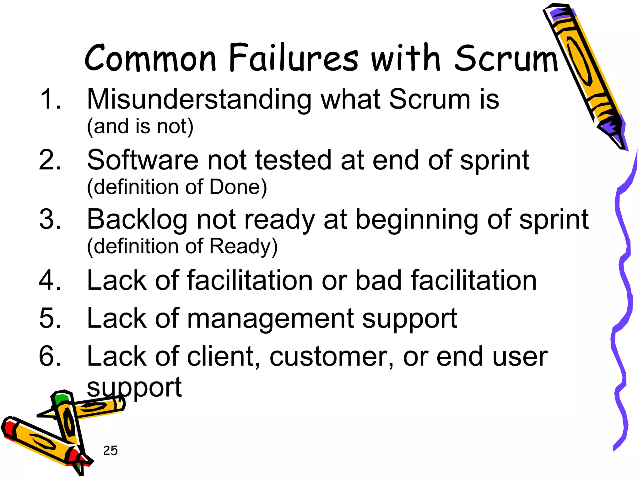 25
Common Failures with Scrum
1. Misunderstanding what Scrum is
(and is not)
2. Software not tested at end of sprint
(definition of Done)
3. Backlog not ready at beginning of sprint
(definition of Ready)
4. Lack of facilitation or bad facilitation
5. Lack of management support
6. Lack of client, customer, or end user
support
 