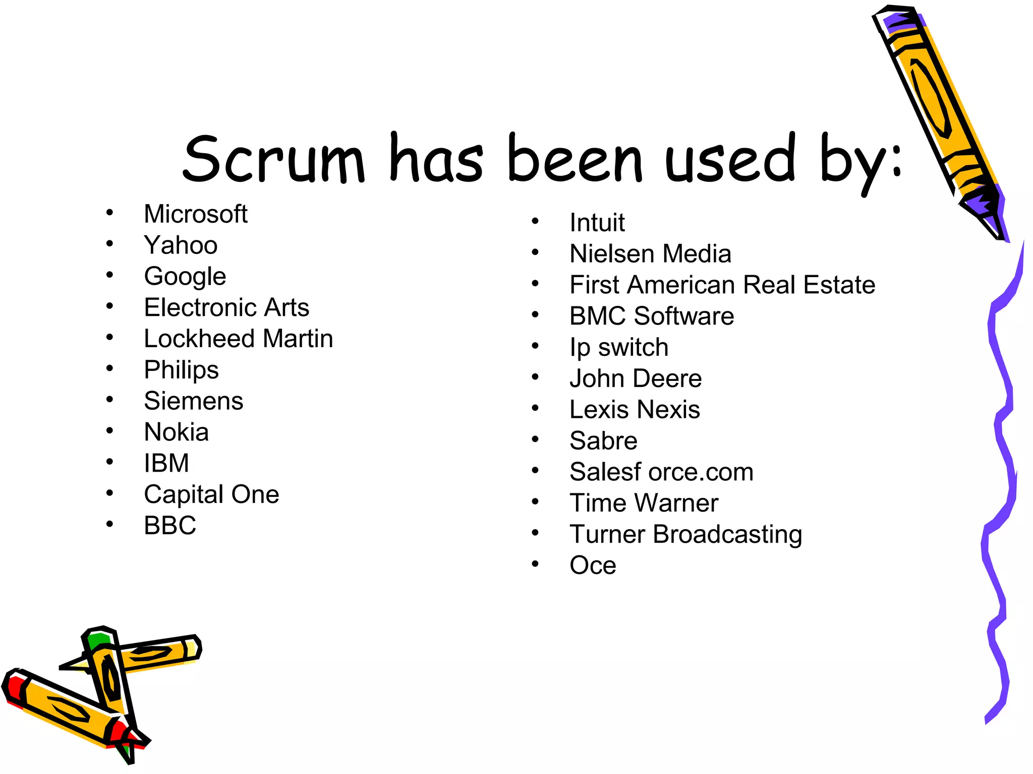 Scrum has been used by:
• Microsoft
• Yahoo
• Google
• Electronic Arts
• Lockheed Martin
• Philips
• Siemens
• Nokia
• IBM
• Capital One
• BBC
• Intuit
• Nielsen Media
• First American Real Estate
• BMC Software
• Ip switch
• John Deere
• Lexis Nexis
• Sabre
• Salesf orce.com
• Time Warner
• Turner Broadcasting
• Oce
 