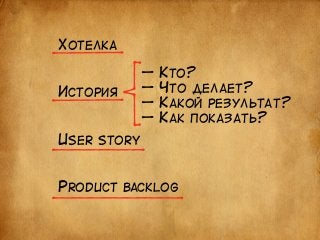 ХОТЕЛКА 
ИСТОРИЯ 
USER STORY 
— КТО? 
— ЧТО ДЕЛАЕТ? 
— КАКОЙ РЕЗУЛЬТАТ? 
— КАК ПОКАЗАТЬ? 
PRODUCT BACKLOG 
 