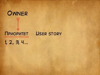 USER STORY 
ОWNER 
ПРИОРИТЕТ 
1, 2, 3, 4… 
 