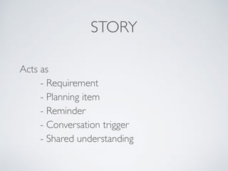 STORY FORMAT
AS A …
I WANTTO …
SOTHAT …
Who?
What?
Why?
User role
Action
Business goal
 