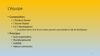 24
L’équipe
• Composition:
• 1 Product Owner
• 1 Scrum Master
• 2 à 7 développeurs
• Le product owner et le Scrum master peuvent aussi prendre le rôle de développeur
• Principes
• Auto-organisation
• Pluridisciplinarité
• Stabilité
• Valeurs communes
 