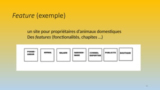 30
Feature (exemple)
un site pour propriétaires d’animaux domestiques
Des features (fonctionalités, chapites …)
 