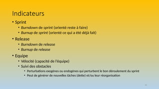 40
Indicateurs
• Sprint
• Burndown de sprint (orienté reste à faire)
• Burnup de sprint (orienté ce qui a été déjà fait)
• Release
• Burndown de release
• Burnup de release
• Equipe
• Vélocité (capacité de l’équipe)
• Suivi des obstacles
• Perturbations exogènes ou endogènes qui perturbent le bon déroulement du sprint
• Peut de générer de nouvelles tâches (dette) et/ou leur réorganisation
 