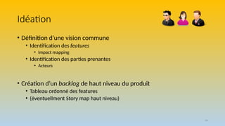 44
Idéation
• Définition d’une vision commune
• Identification des features
• Impact mapping
• Identification des parties prenantes
• Acteurs
• Création d’un backlog de haut niveau du produit
• Tableau ordonné des features
• (éventuellment Story map haut niveau)
 