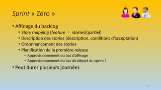 46
Sprint « Zéro »
• Affinage du backlog
• Story mapping (feature  stories)(partiel)
• Description des stories (description, conditions d’acceptation)
• Ordonnancement des stories
• Planification de la première release
• Approvisionnement du bac d’affinage
• Approvisionnement du bac de départ du sprint 1
• Peut durer plusieurs journées
 