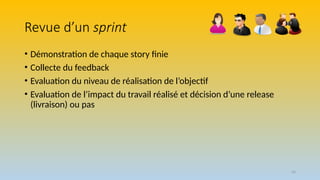 56
Revue d’un sprint
• Démonstration de chaque story finie
• Collecte du feedback
• Evaluation du niveau de réalisation de l’objectif
• Evaluation de l’impact du travail réalisé et décision d’une release
(livraison) ou pas
 