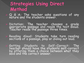 

Q & A: The teacher asks questions of any
nature and the students answer.



Dictation: The teacher chooses a grade
appropriate passage and reads the text aloud.
Teacher reads the passage three times.



Reading Aloud: Students take turn reading
sections of a passage, play or dialog out loud.



Getting Students to Self-Correct: The
teacher should have the students self-correct
by offering them a choice between what they
said and the correct answer.

 
