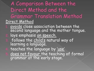 Direct Method
1. avoids close association between the
second language and the mother tongue.
2. lays emphasis on speech.
3. follows the child‟s natural way of
learning a language.
4. teaches the language by „use‟
5. does not favour the teaching of formal
grammar at the early stage.

 