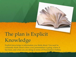 The plan is Explicit
Knowledge
Explicit knowledge is information you think about. You need to
constantly think about where your presentation is going, where it
has been, and what you are doing in terms of Presentation Outline.
 
